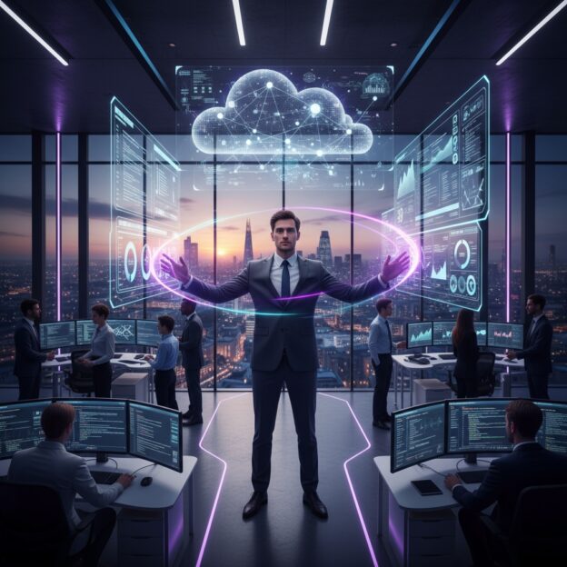 Need an AI image for my blog - blog heading is "Technological Management in UK Software-Driven Businesses" this blog is for UK fresh graduate on Technological Management topic - image should be Technological Management related- should be in good SEO - image should be more attractive as Technological Management - stunited.org - UK