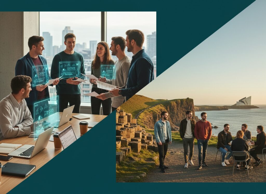 Need an AI image for my blog - blog heading is "Working in Northern Ireland: Career & Lifestyle Guide" this blog is for for UK students, interns, uk graduated, uk professionals in the uk on Career & Lifestyle Guide for working in northern Ireland - should be in good SEO - image should be more attractive for UK students, interns, uk graduated, uk professionals - stunited.org - UK